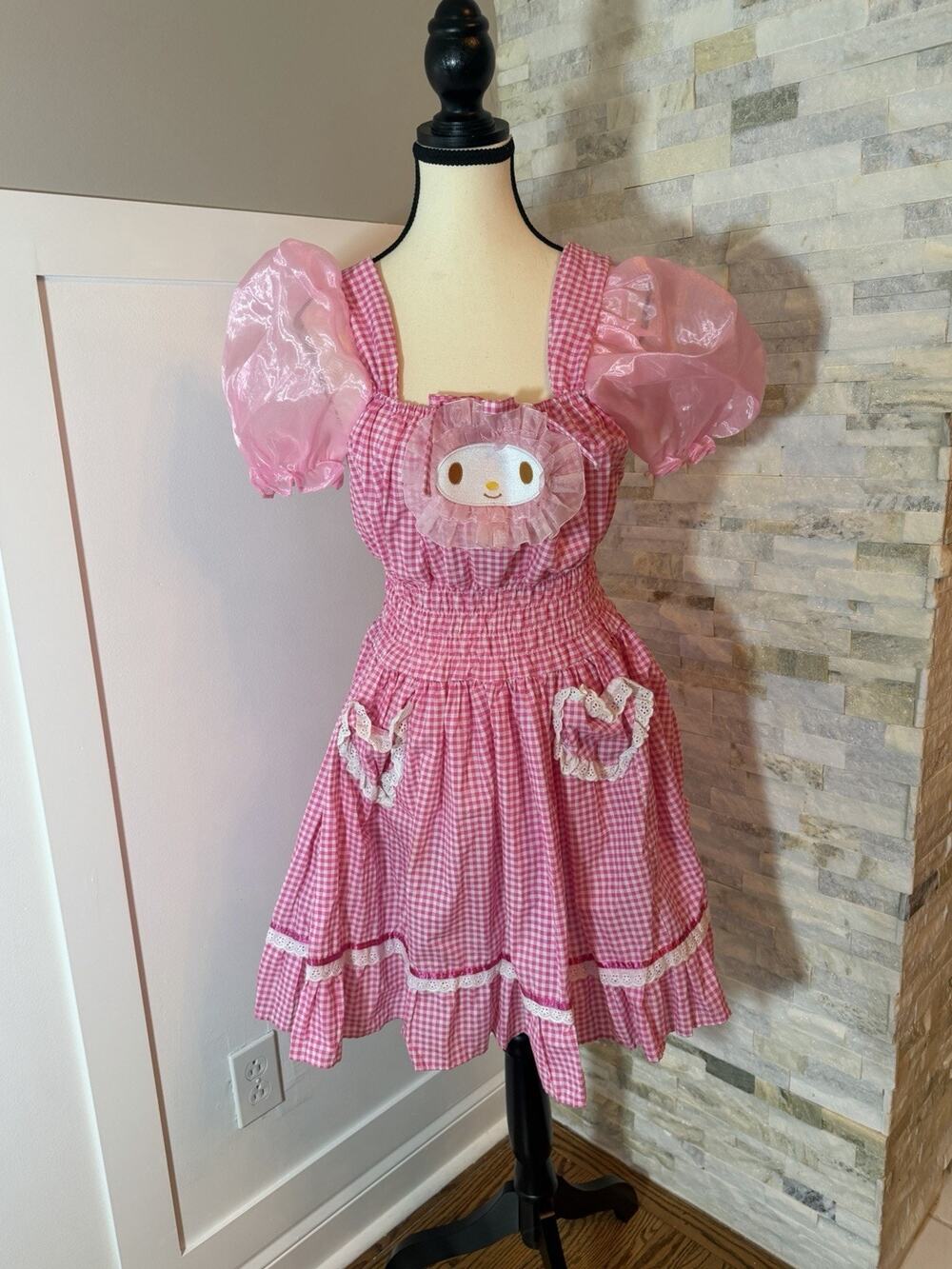 Chamber of Pastel My Melody Pink Gingham Dress Organza Puff Sleeve Kawaii S*